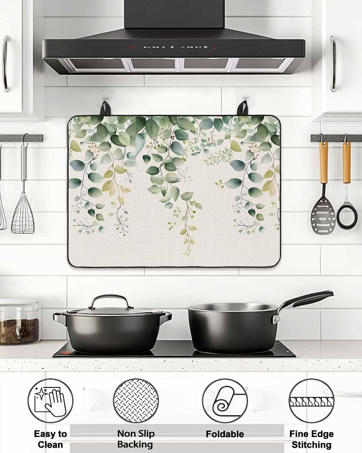 Stove Cover for Electric Stove 24x21 Inch Watercolor Eucalyptus Leaf Stove Top Cover Leaf Plant Glass Cooktop Covers Anti-Slip & Heat Resistant Countertop Protector Home Kitchen Decor
