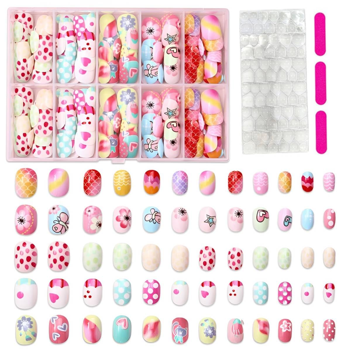 MAYCREATE® 120Pcs Kids Press On Nails Kit for Girls, Assorted Adorable Artificial Nail Art Designs with 12 Sizes, Fake Acrylic Full Cover Extension Stickers for Kids 3-12-image-36