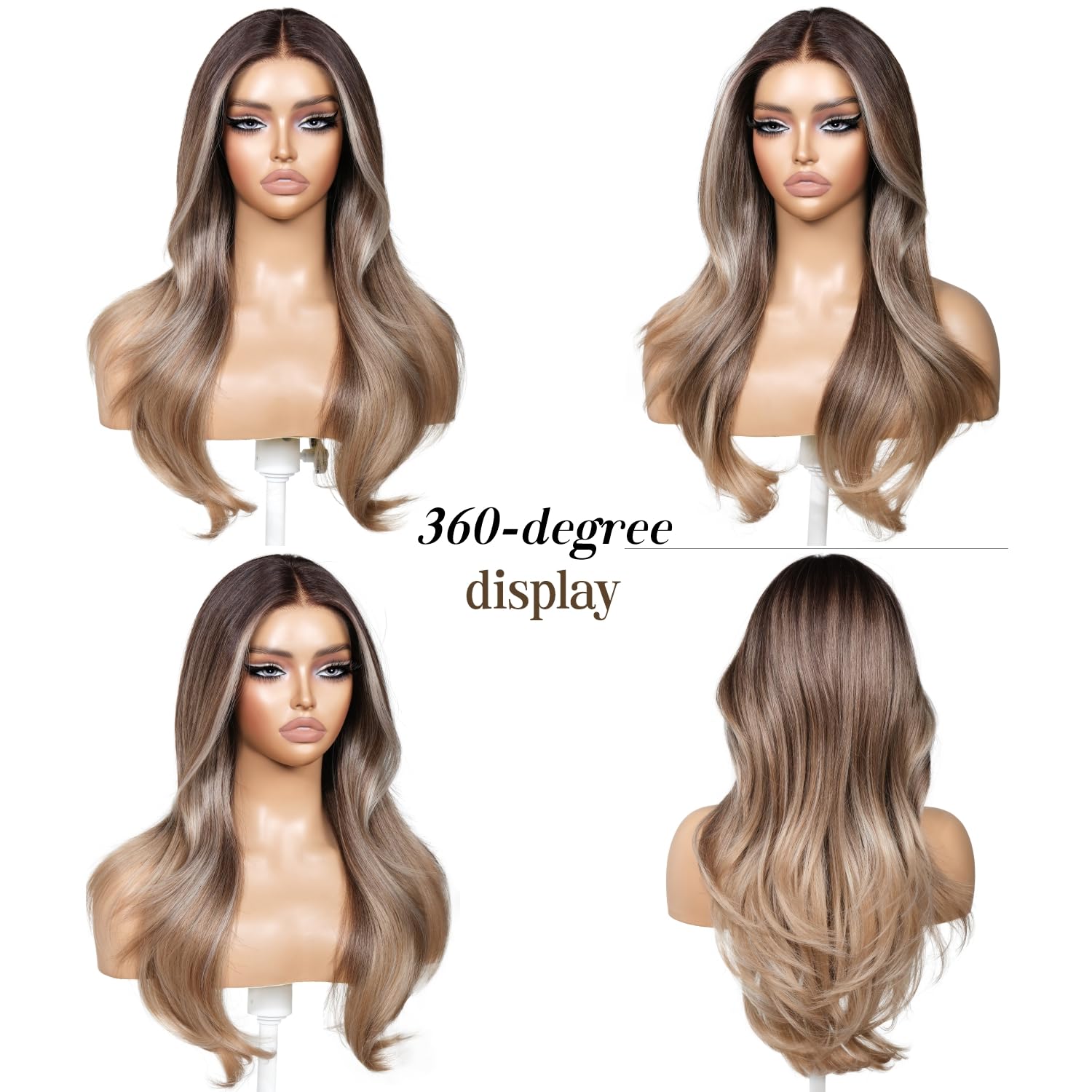 Synthetic Lace Front Brown Ombre Layered Wig with Bangs Pre Plucked Pre Cut 13x4 HD Lace Wear and Go Glueless Body Wave Wig for Women 23 Inch