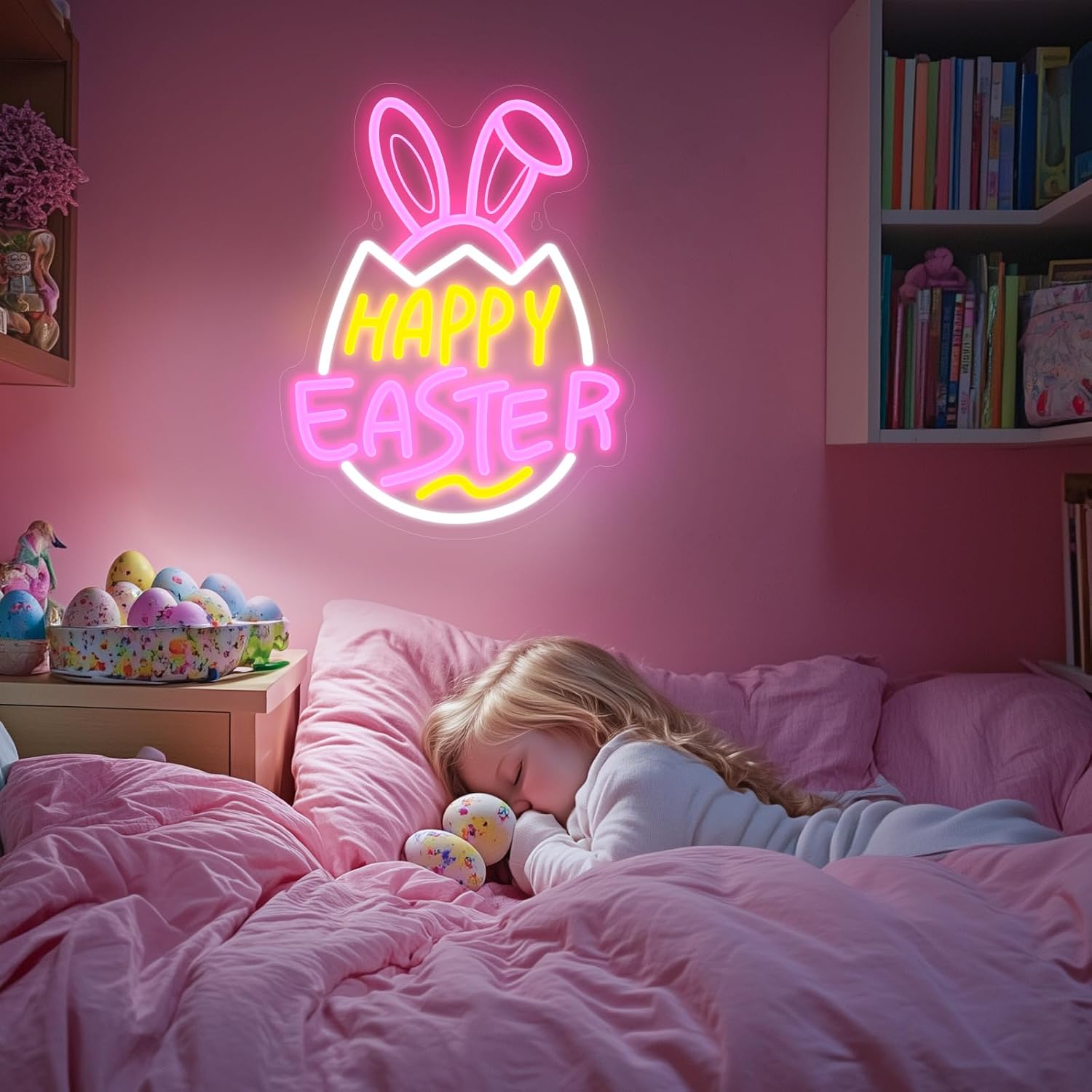 Happy Easter Neon Sign, LED Bunny Neon Light for Decorations, Dimmable Neon Decor Easter Gifts for Kids Spring Front Yard Sign Lawn Bedroom Wall Home