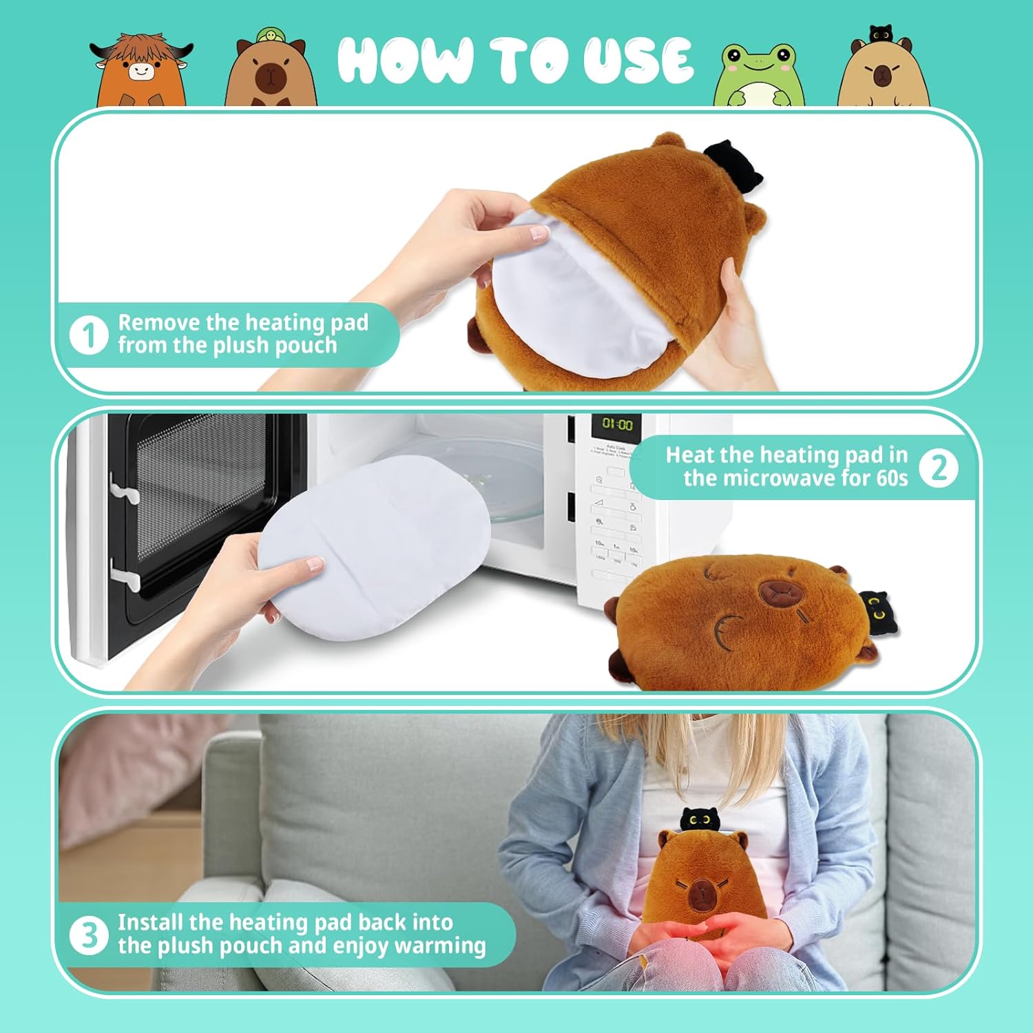 Microwave Heating Pad for Period Cramps, Capybara Black Cat Microwavable Heating Pad for Women and Kid, Plush Stuffed Animals with Lavender Scented, Valentines Heat Pack for Shoulder Neck Pain Relief - Image 5