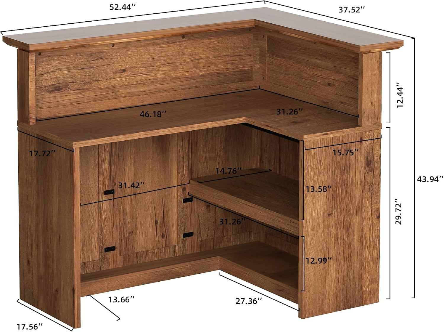Reception Desk with Counter, Modern L Shaped Reception Desk with Storage Shelves, 52” Retail Counter for Checkout, Lobby, Office, Salon, Vintage Oak