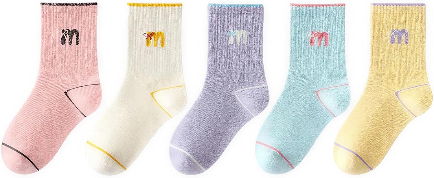 Toddler Girls Socks Fun Socks Black White Grey Pink Yellow Blue Purple Kids Crew Socks 5 Pairs 3-12 Years All Seasons