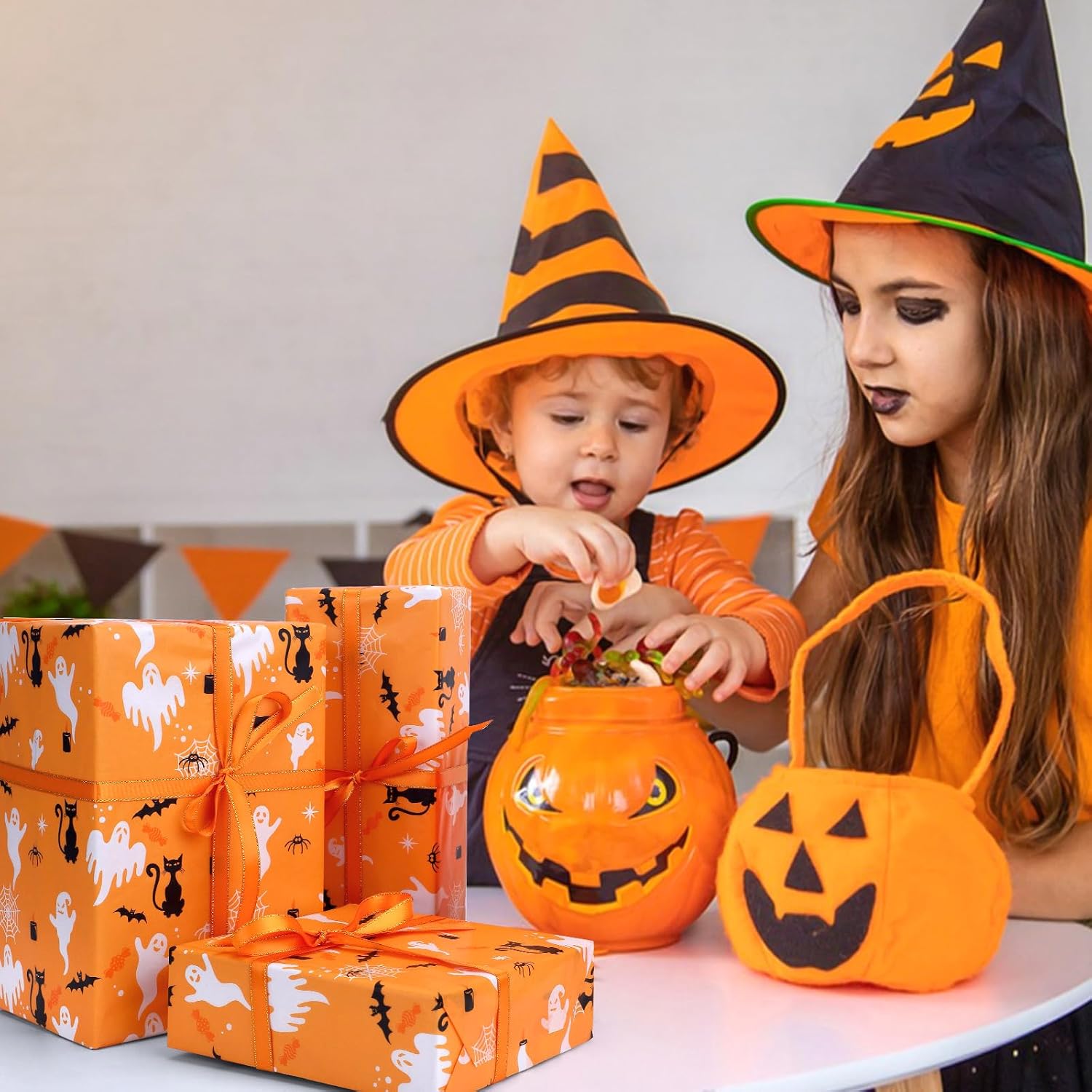 100 Sheets Halloween Ghost Pumpkin Bat Cat Tissue Paper Bulk, 20 x 14in Orange Ghost Pumpkin Bat Cat Print Wrapping Tissue for Halloween Party Supplies