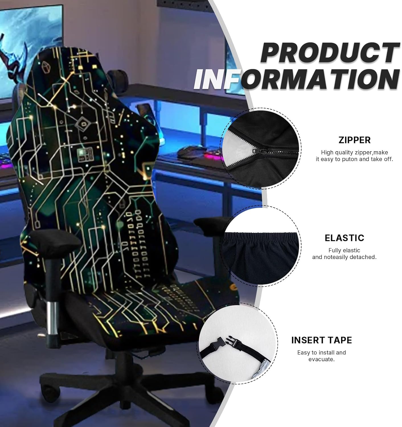 Printed Gaming Chair Slipcover, Cat Scratch Proof Stretchable Game Chair Cover with Arms Cover(E)