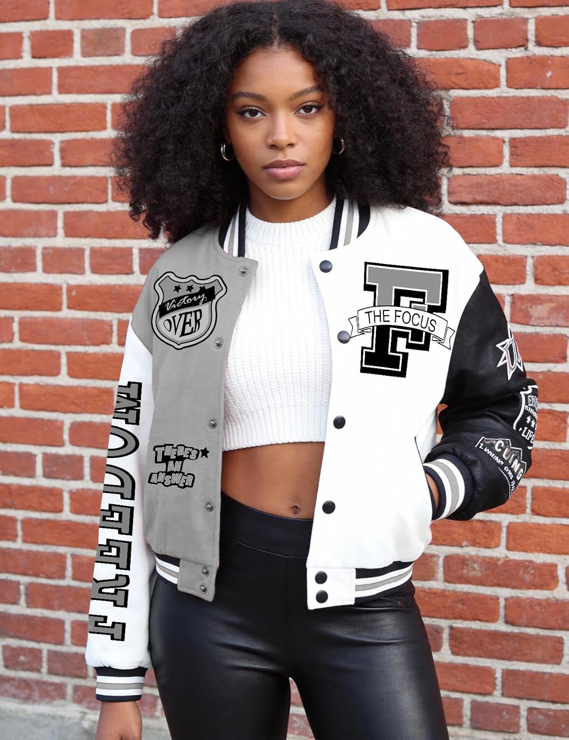 Flygo Women's Cropped Varsity Jacket Baseball Jacket Colorblock Letter Print Y2k Button Down Bomber Uniform - Image 3