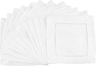 CleverDelights White Ladder Hemstitch 6" Cocktail Napkins - 12 Pack Luxurious 55/45 Linen Cotton Blend