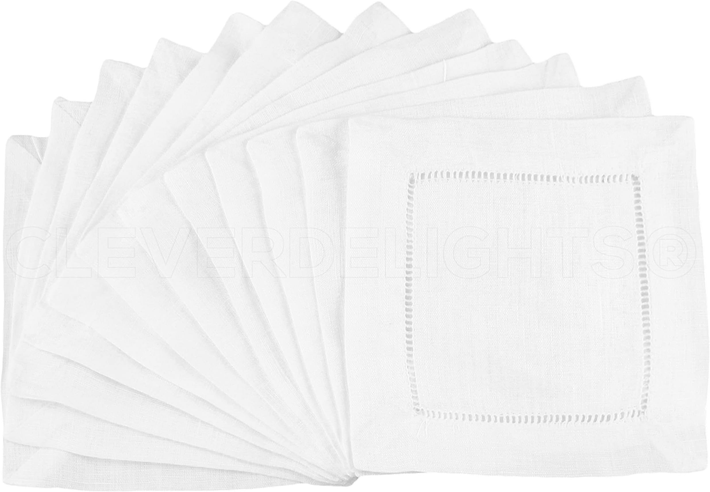 CleverDelights White Hemstitch 6" Cocktail Napkins - 12 Pack - 55/45 Linen Cotton Blend