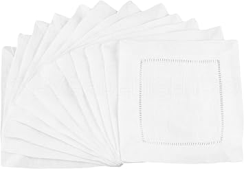 CleverDelights White Hemstitch 6" Cocktail Napkins - 12 Pack - 55/45 Linen Cotton Blend