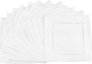 CleverDelights White Hemstitch 6" Cocktail Napkins - 12 Pack - 55/45 Linen Cotton Blend
