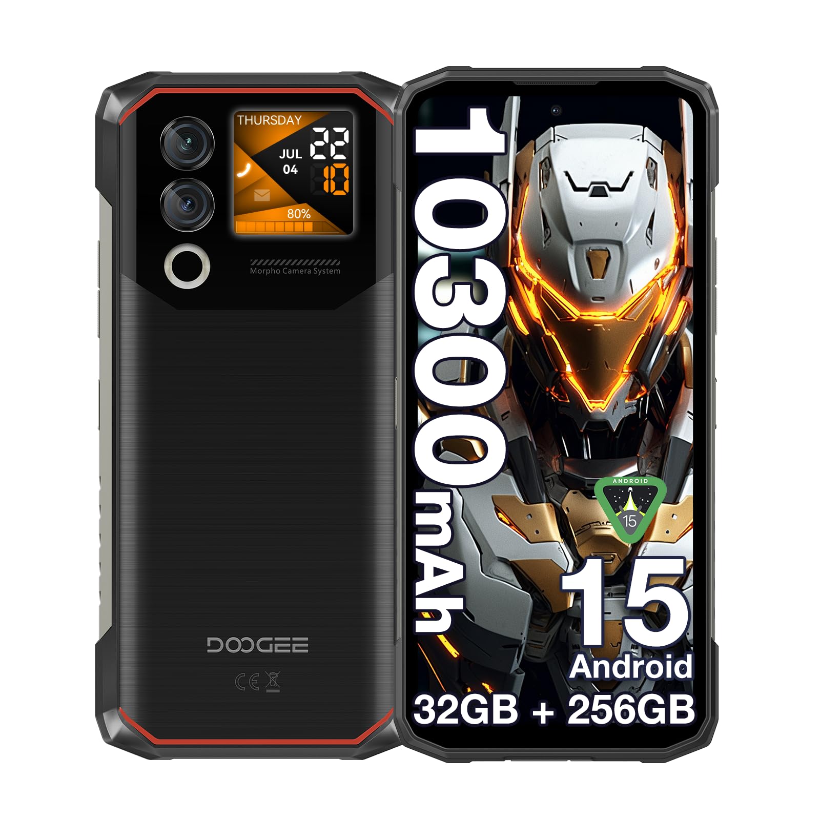 DOOGEE Blade10 MAX Rugged Smartphone Android 15, 1.54” Rear Display 6.56”HD 90Hz, 10300mAh 18W Telefono Indistruttibile, 32GB+256GB, 50MP NFC Triple Card Slot, Fingerprint Face Unlock, Nero