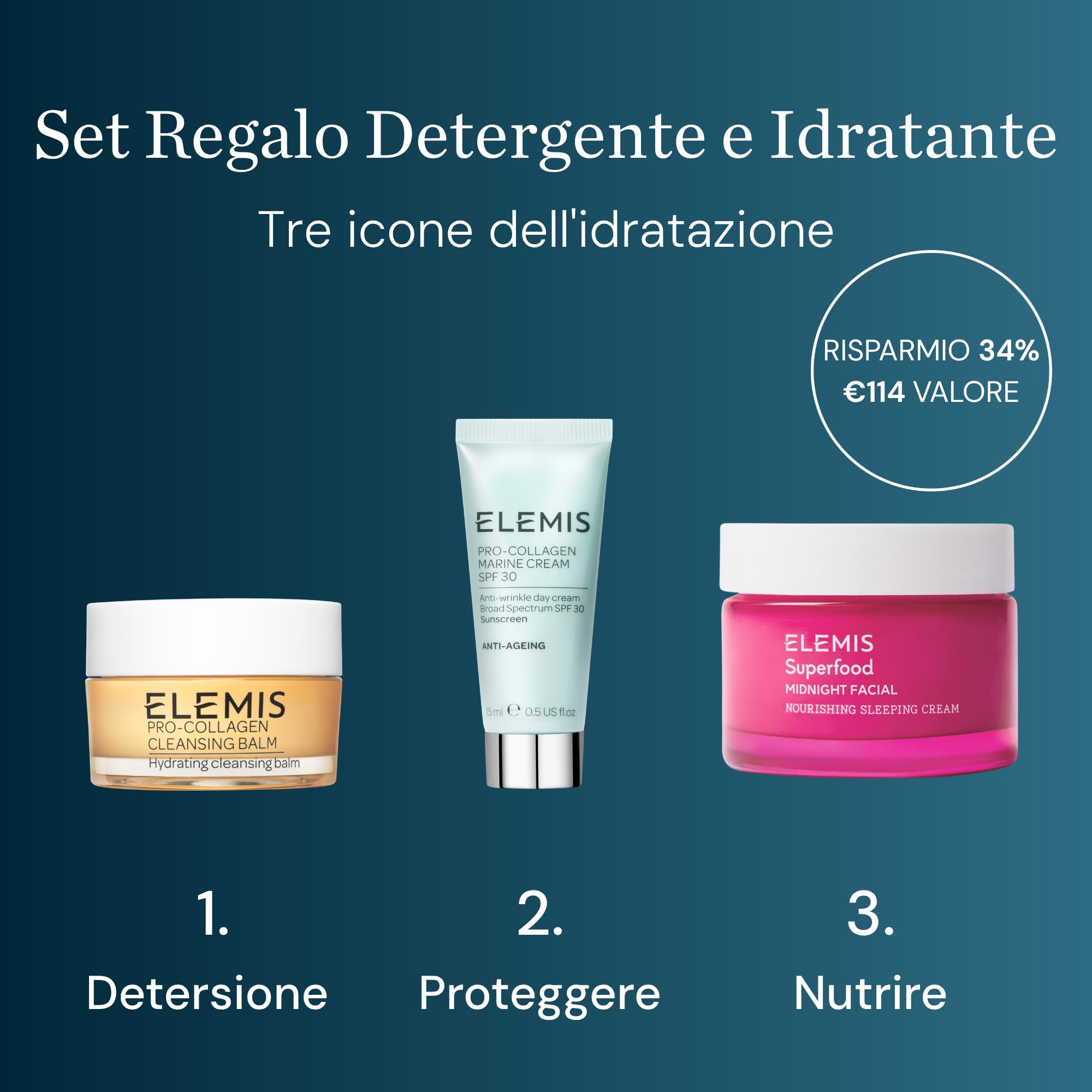 ELEMIS Cleanse & Hydrate Cofanetto Regalo Donna, Kit Skincare Viso Completto - Burro Struccante, Crema Viso Idratante Antirughe al Collagene & Crema Viso Notte Vitamina C