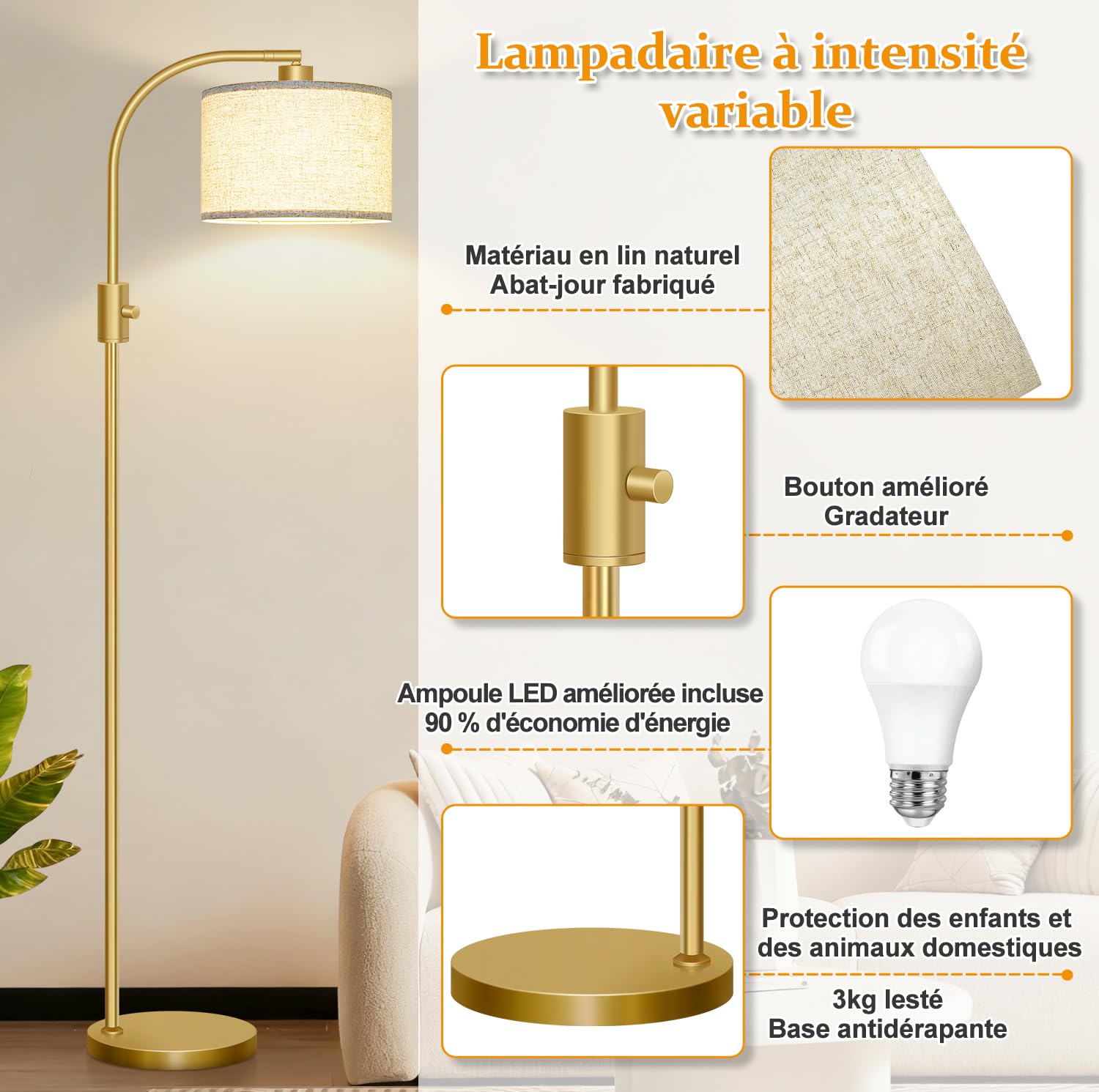 Nintiue Lampadaire arc variateur, 1200 lm ampoule LED incluse, lampadaire sur pied salon, avec abat-jour beiges et base lourde, pour salon et chambre à coucher