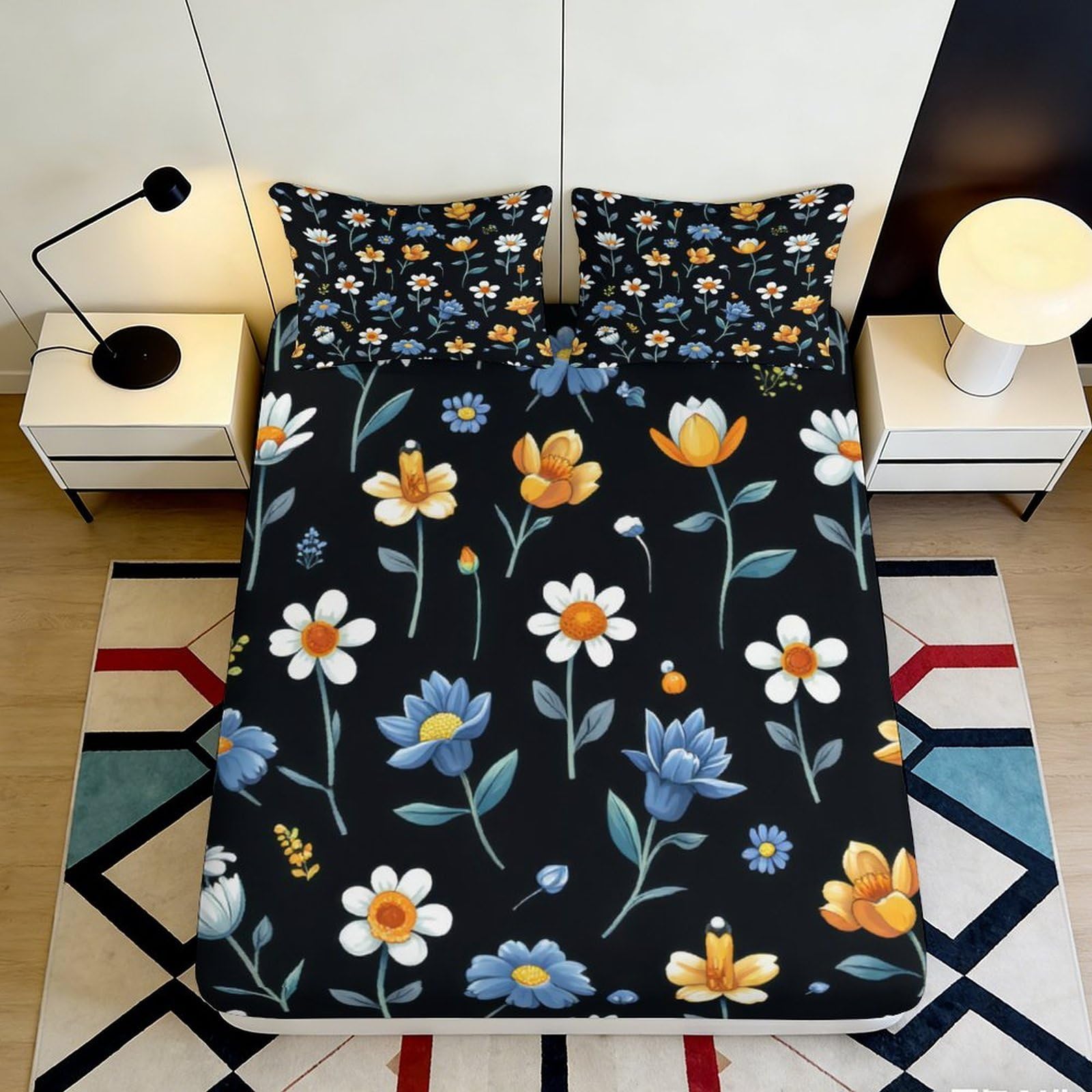 3D Printed Floral Meadow Fitted Sheet Microfiber Soft Breathable Wild Daisy Bed Cover for Bedroom Guest Room Decor 90x200x25cm