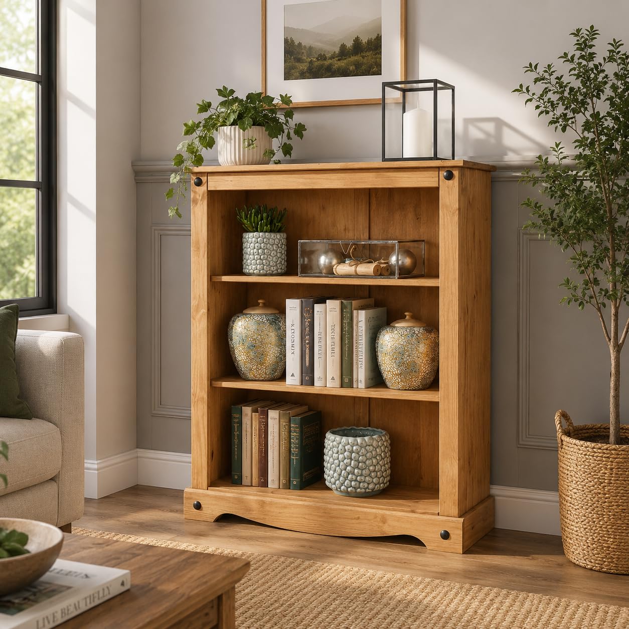 Mews Corona Small Bookcase with 3 Shelves Low Solid Mexican Pine Wood