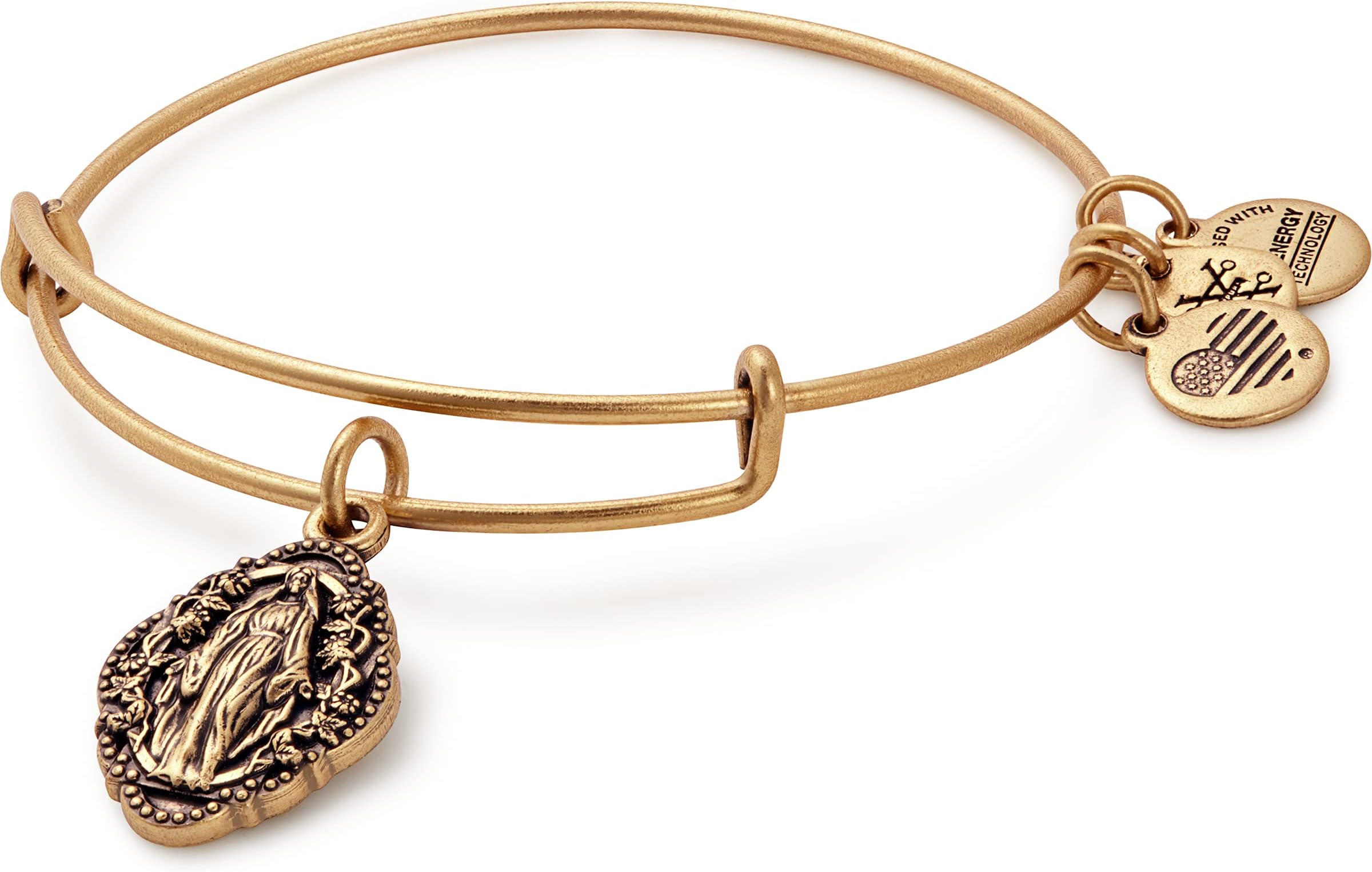 Alex and Ani Divine Guides Expandable Bangle Bracelet for Women, Mother Mary Engraved Charm, Rafaelian Finish, 2 to 3.5 in