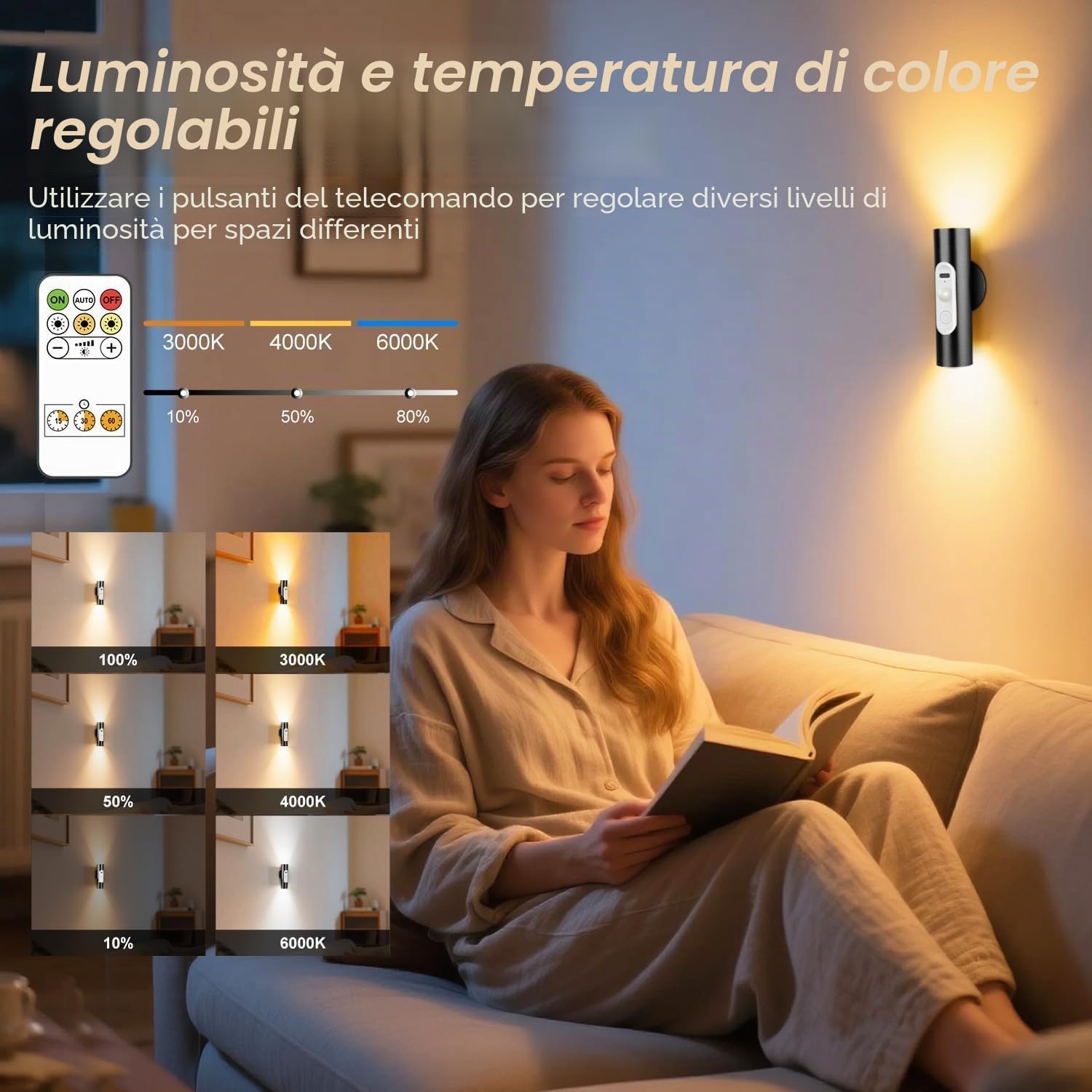 2 Pezzi Applique da Parete Interno con Sensore di Movimento Telecomando, Lampada Luce Notturna Camera da Letto Lettura a Batteria Ricaricabile, Luci Emergenza Faretto LED da Parete Interno Senza Filo