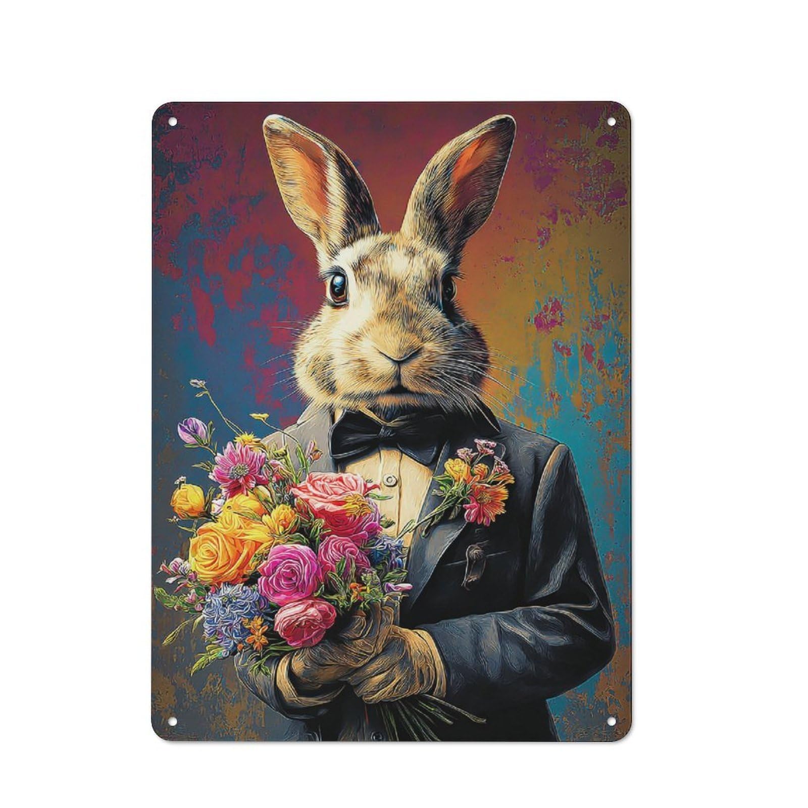 Rabbit in Tuxedo with Flowers Farmhouse Metal Sign 40x30cm, Barn Style Rustic Kitchen Decor for Cottage, Kitchen, Hallway Or Breakfast Nook