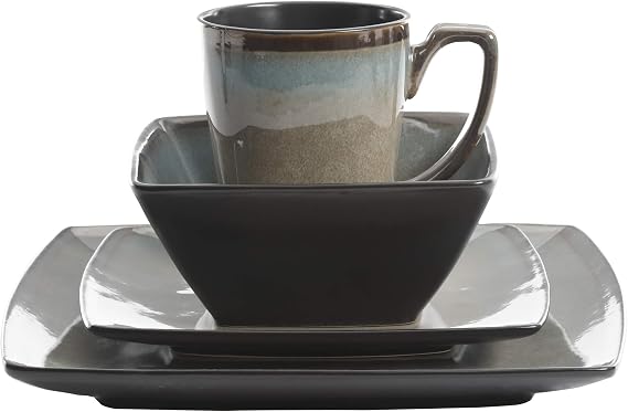 Gibson Elite Tequesta Square Reactive Glaze Stoneware Plates and Bowls Dishes Dinnerware Set, Service for 4 (16pcs), Taupe