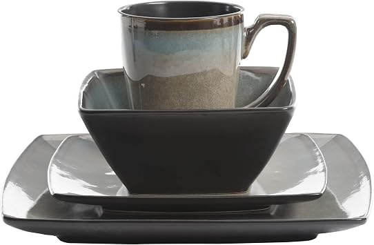 Gibson Elite Tequesta Square Reactive Glaze Stoneware Plates and Bowls Dishes Dinnerware Set, Service for 4 (16pcs), Taupe