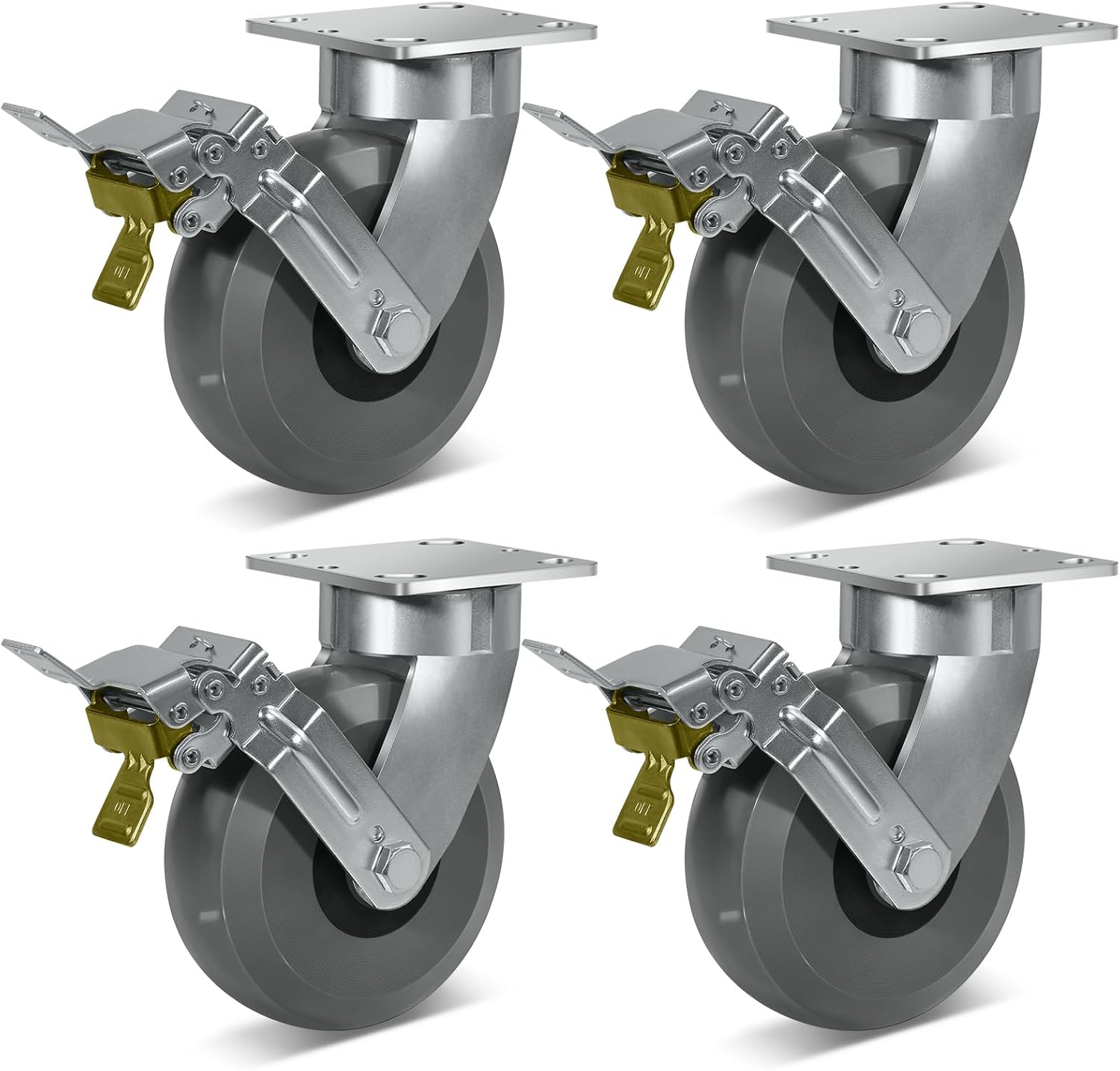 6"x2" Super Heavy Duty Casters, Kingpinless Crowned Polyurethane Wheel with Precision Bearing, Capacity up to 10000 Lb. Use for Large Platform Truck, U-Boat Cart (4 Brake)