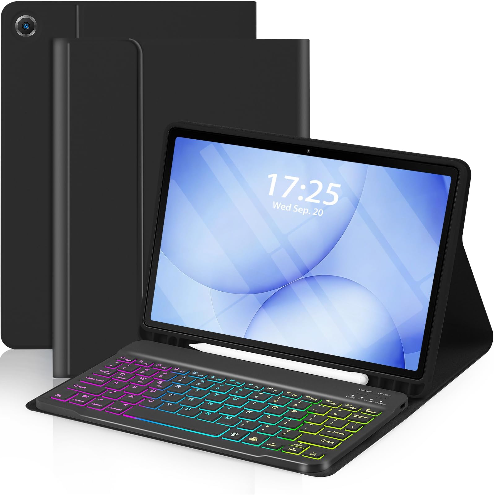 Case with Keyboard for Samsung Galaxy Tab A9 Plus 11 inch (SM-X210/X215/X216/X218),7 Color Rainbow Backlight Detachable USB-C Keypad Magnetic Case with Pen Slot for Tablet A9+ 5G Dark Black