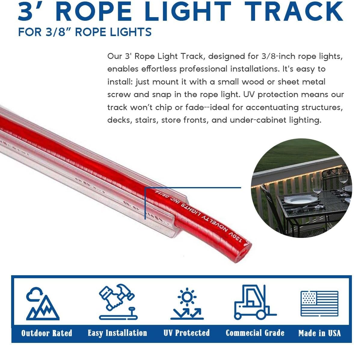 Novelty Lights 10 Pack 3/8in Rope Light Track, Made in USA 3 Feet Clear PVC Mounting Channels for Indoor or Outdoor Rope Lights, UV Treated, 360 Degree Lighting
