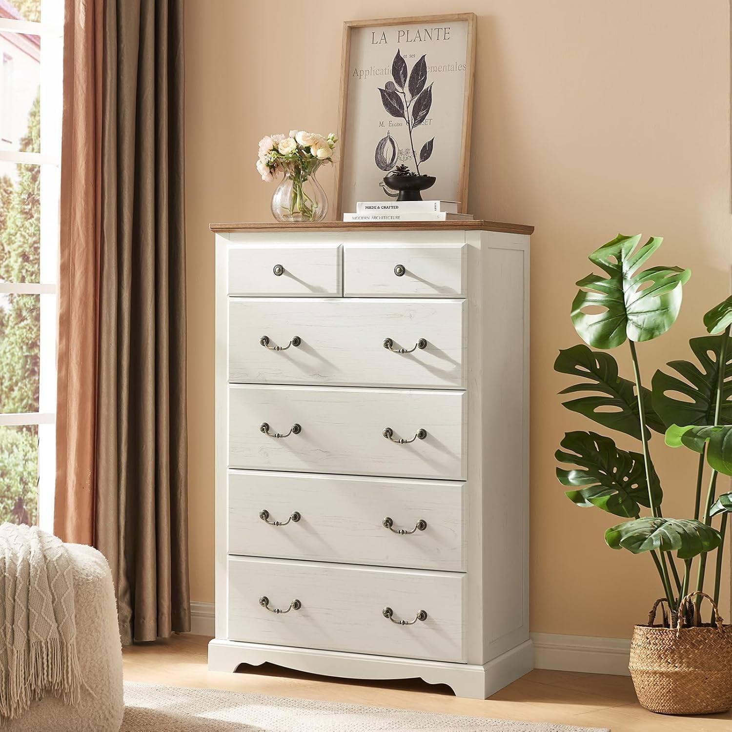 AMERLIFE 5 Pieces Farmhouse Bedroom Sets Includes King Size Farmhouse Bed Frame with 52.2" Headboard, 7 Drawers Dresser, 6 Drawer Tall Dresser, Two Nightstands with Charging Station, White