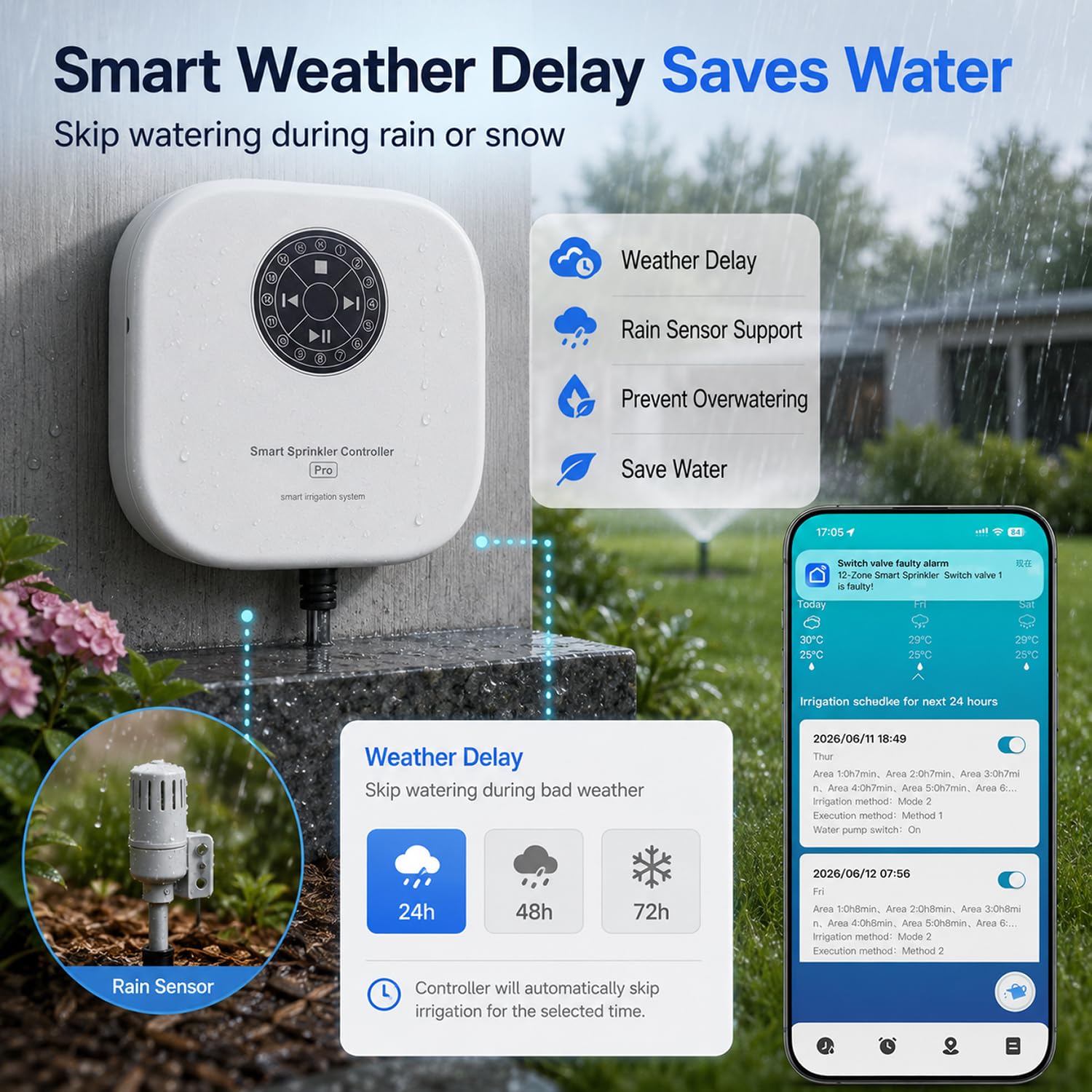 Computer di irrigazione intelligente Wi-Fi, 12 zone, controllo dell'irrigatore controllato tramite app, per giardino e prato, regolazione automatica del meteo, salto del sensore di pioggia, facile