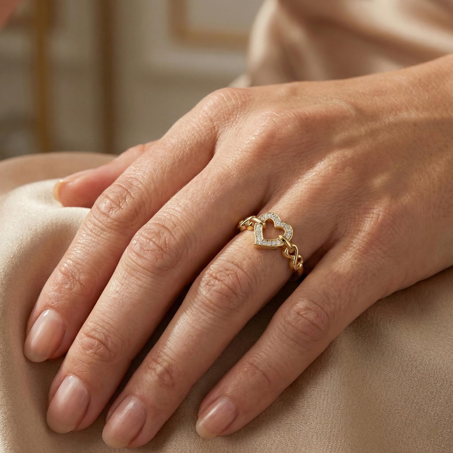 10K Yellow Gold Heart Linked Infinity Chain Design Diamond Ring for Women, 0.05 CT Round Natural Diamond (Color-H-I, Clarity-I2-I3)