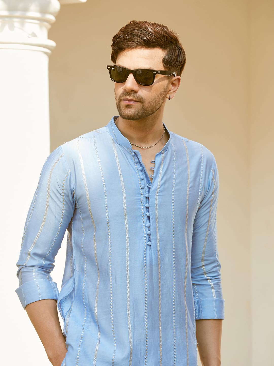 See Designs Men Full Sleeve Turquoise Blue Chanderi Silk Sequins Mandarin Collar Side Slit Kurta With Pyjama - Sdmkt144401S