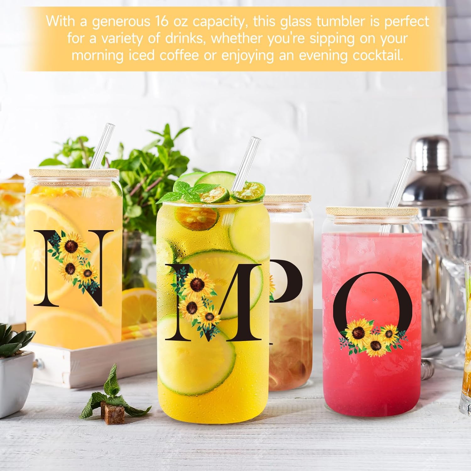 Birthday Gifts for Women, Initial Glass Cups w Lids and Straws, Sunflower Gift for Women, Personalized Gift, 16oz Glass Tumbler Cups W/Straw Lid, Monogrammed Birthday Gifts for Her Mom - M - Image 3
