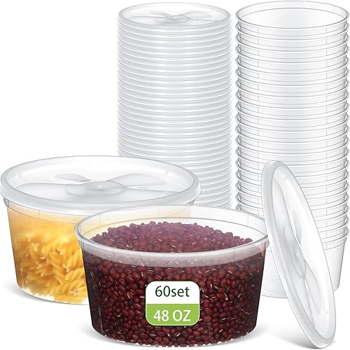 Miniatura 1 de 60 juegos de recipientes de plástico con tapas, recipientes de almacenamiento de alimentos, tazas de sopa, a prueba de fugas, microondas,
