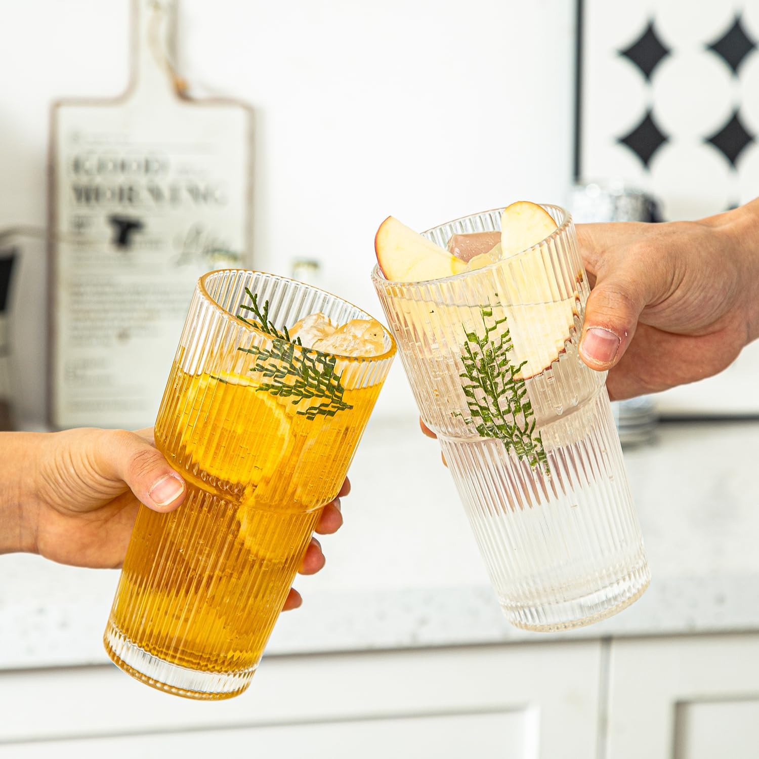 Ribbed Glass Tumbler Set of 4-20oz Textured Drinking Glasses for Iced Coffee, Smoothies & Cocktails - Durable Glassware with Wide Rim - Dishwasher-Safe Cups for Kitchen or Bars