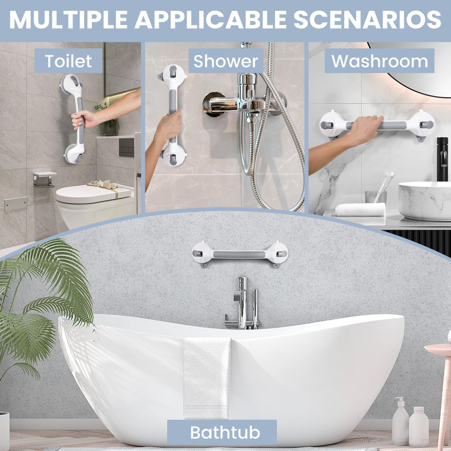 Grab Bars for Bathtubs and Showers, 16.5 Inch Handicap Shower Handle Safety with Indicators, No-Drill Bathroom Suction Cup Grab Bar for Shower Chair Stool, Seniors, Elderly (2 Pack)