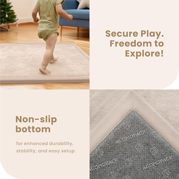 ACOMOPACK Baby Play Mat, 3.5CM Thick Memory Foam Crawling Mat, Coral Velvet Activity Rug for Tummy Time, Non-Slip Nursery Floor Mat for Toddlers, Infants, Kids (100×150cm,Beige) - 4