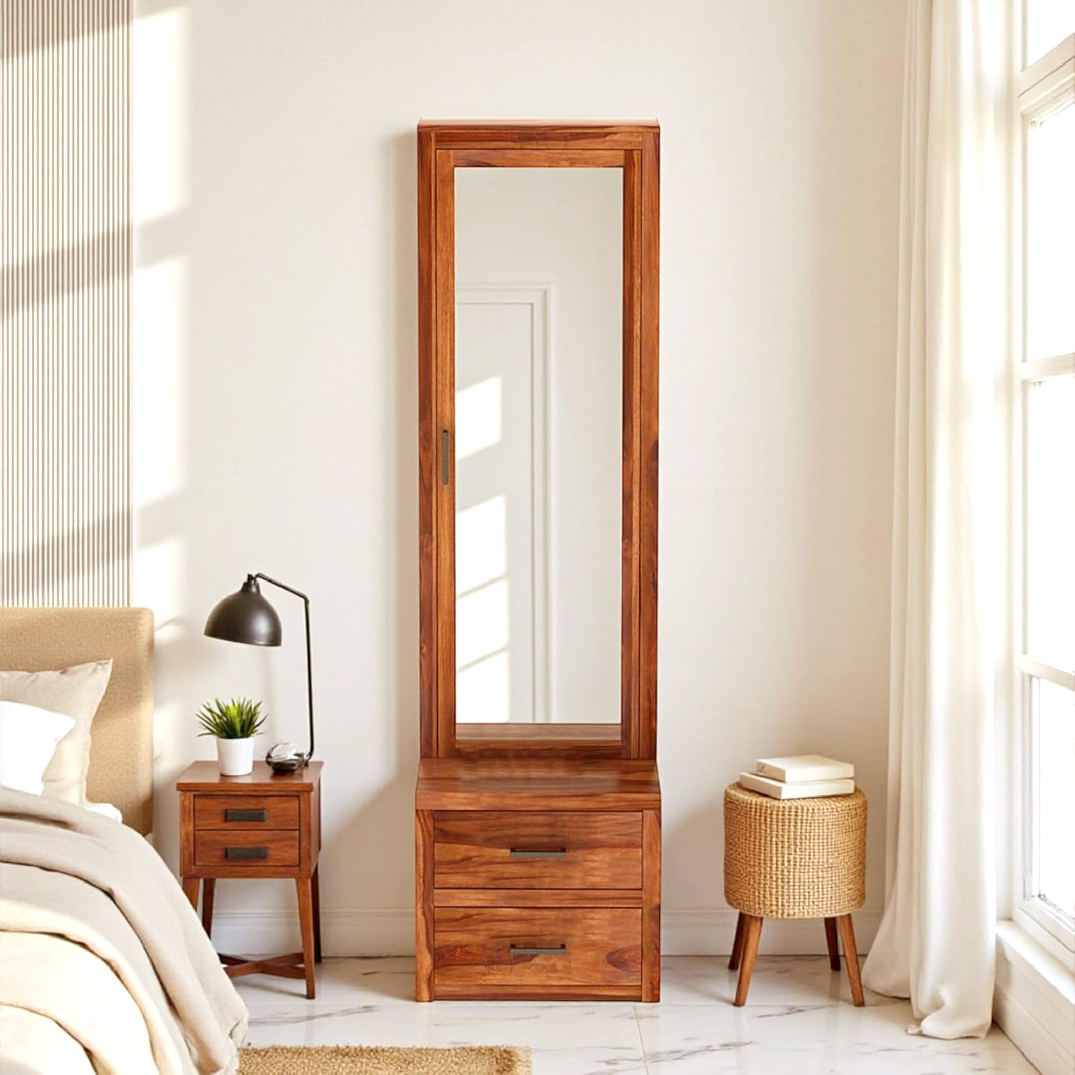 Sheesham Solid Wood Dressing Table for Bedroom with Drawer, Cushioned Stool, Mirror & Large Storage | Long Dresser Table (Honey Finish)-image-21