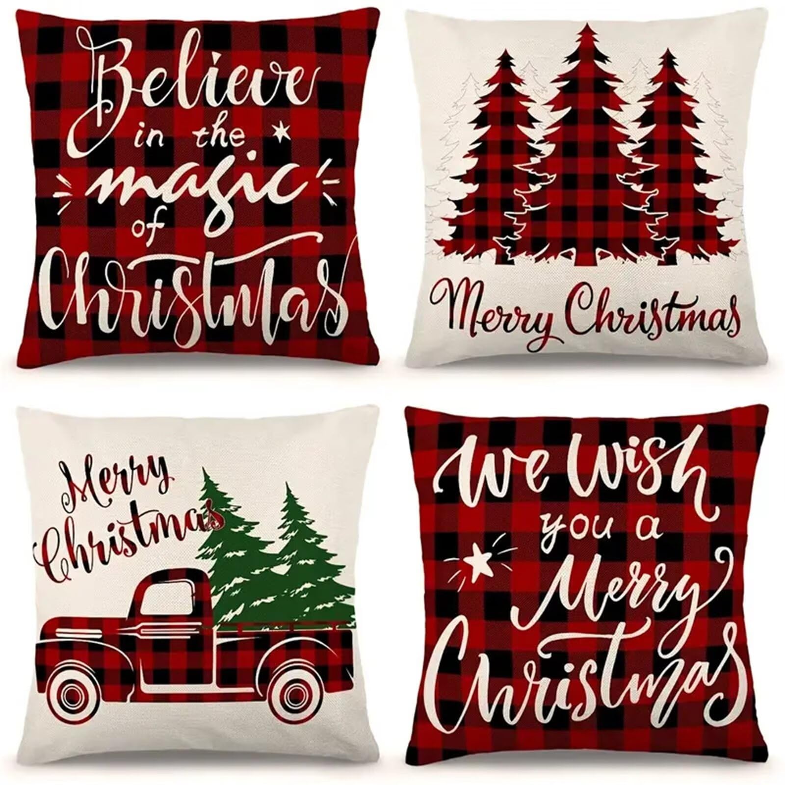 Natale Fodere per Cuscini 60x60cm 4 Pezzi Albero di Natale rosso Cuscini Caso Federa, Copricuscini Natalizi, Invernale Natalizie Divano Decorativi di Natale per Divano Soggiorno Auto Natalizie Decor