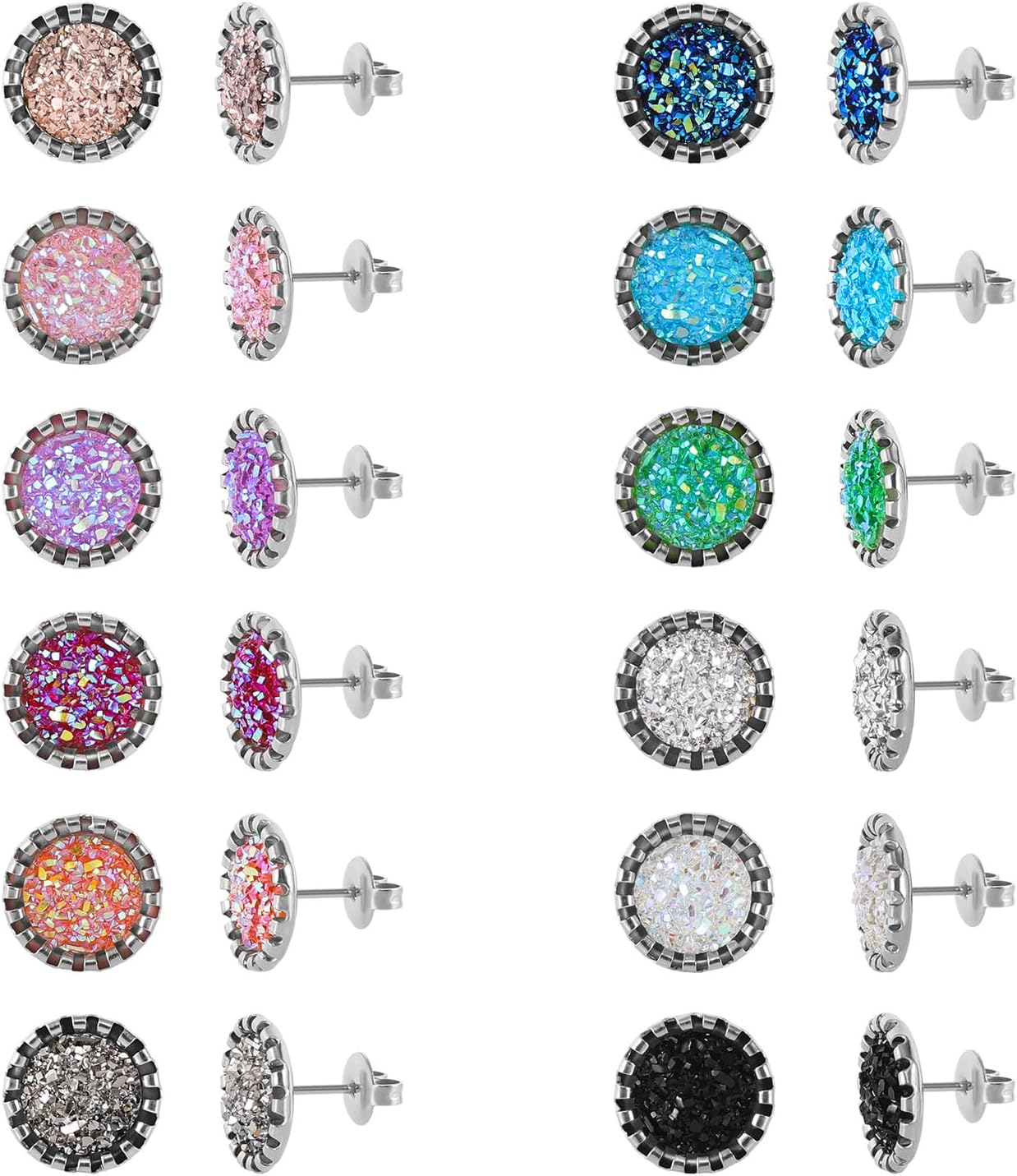 JMTOBETOP Stainless Steel Round Druzy Multi Colored Stud Earring Set for Men Women Surgical Steel Faux Druzy Stud Earrings 12 Pairs
