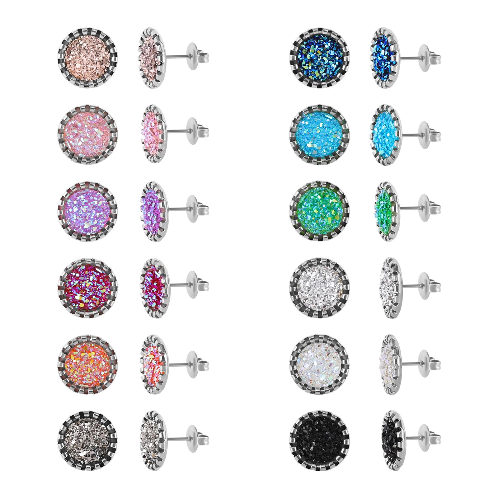 JMTOBETOP Stainless Steel Round Druzy Multi Colored Stud Earring Set for Men Women Surgical Steel Faux Druzy Stud Earrings 12 Pairs