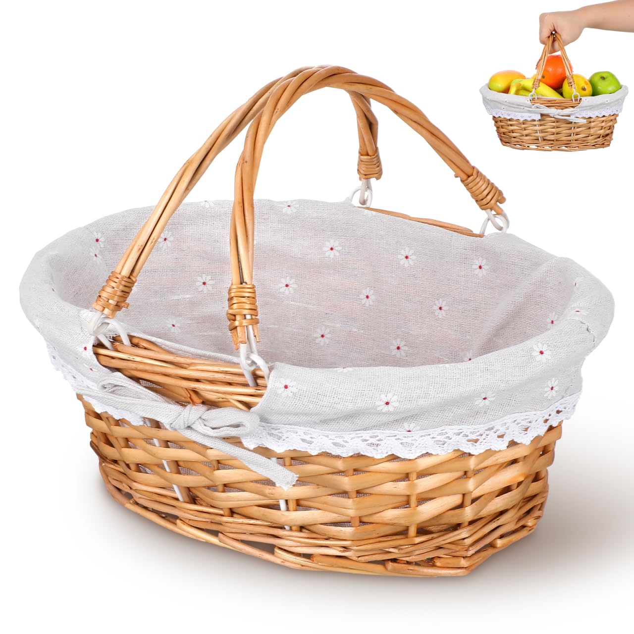 Toddmomy Weidenkorb mit Henkel, Geflochtener Picknickkorb aus Natur-Weide, Handgearbeiteter Einkaufskorb mit Stoffeinlage, Lebensmittelecht Pilzkorb für Ernte & Garten, Osterkorb Präsentkorb
