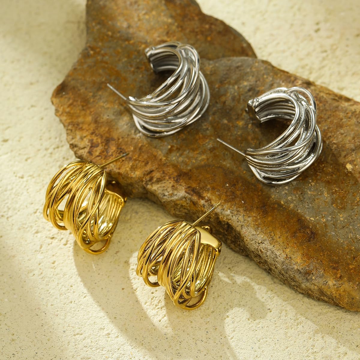 Chunky Gold Vintage Earrings for Women,Twisted Hoop Earrings,Stainless Steel Statement Earring, 18K Gold Plated Fashion Jewelry Gifts for Her Hypoallergenic Jewelry for Chrismas - Image 5