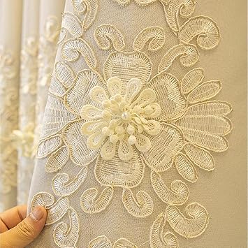 Amidoudou 1 Pair European Double Layer Curtains Luxury Embroidered Blackout Curtains for Living Room Bedroom (Beige,51x84 Inch)