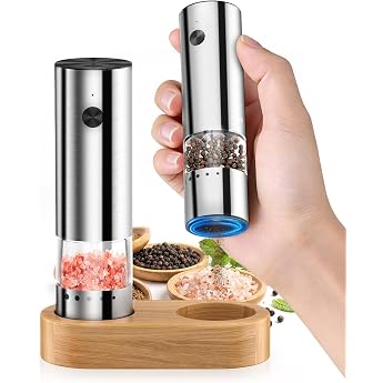 Electric Salt and Pepper Mill Mini Size Portable Electric Pepper Mill with USB Charging 5-Level External Setting Wooden Base Stainless Steel Spice Mill for Travel BBQ