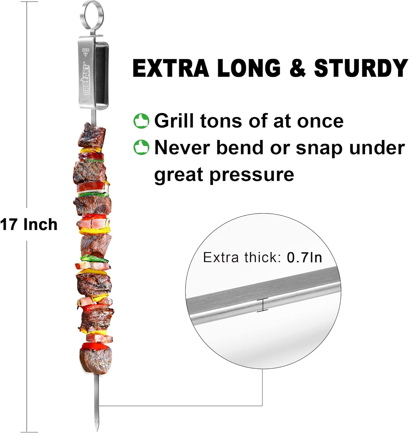 GRILLART Kabob Skewers for Grilling - Metal Skewer for Kabobs with Slider - Flat BBQ Skewer Stainless Steel - 17" Shish Kabob Grill Skewers & Ideal Kabob Sticks for Meat Shrimp Chicken Veggie (10PCS)