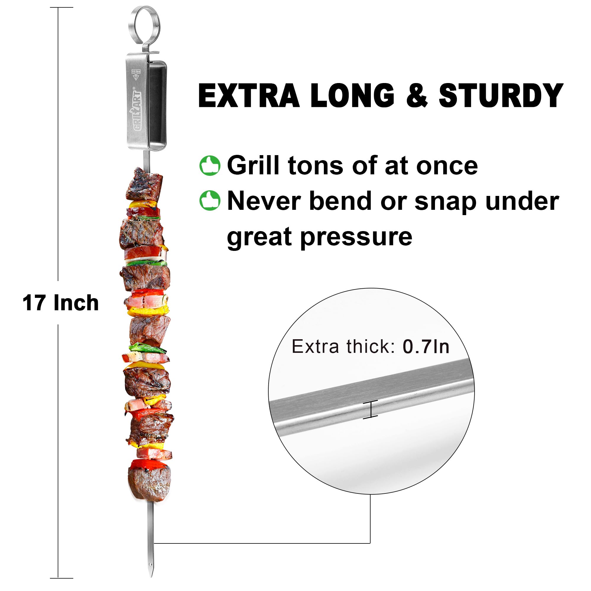 GRILLART Spiedini per grigliare – Spiedini in metallo per kabob con cursore – Spiedini piatti per barbecue in acciaio inox – Spiedini da 43,2 cm per shish kabob e bastoncini ideali per carne,