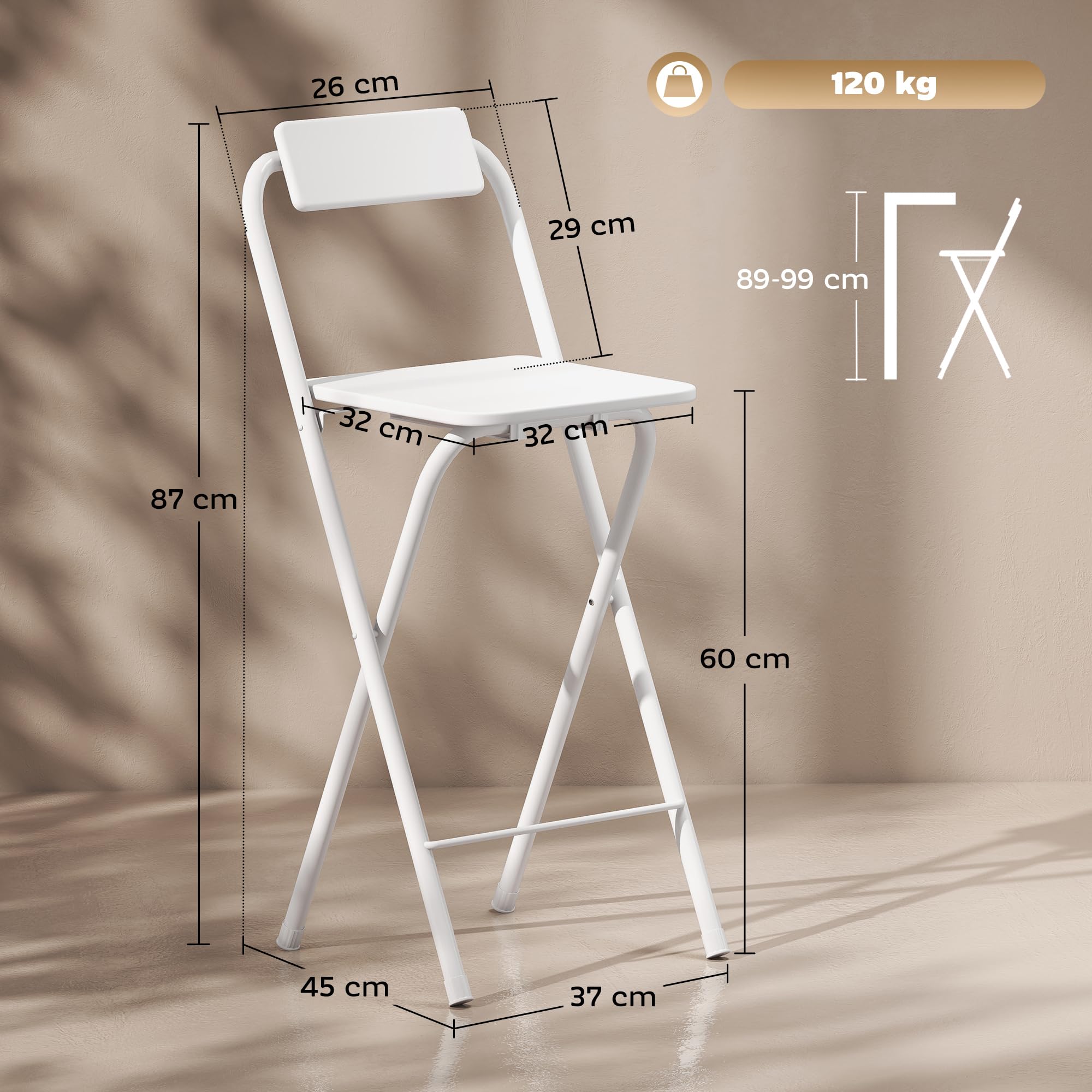 HOMCOM Juego de 2 Taburetes de Bar Plegables Taburetes Altos de Cocina con Respaldo Reposapiés y Marco de Acero para Comedor Mostrador Blanco