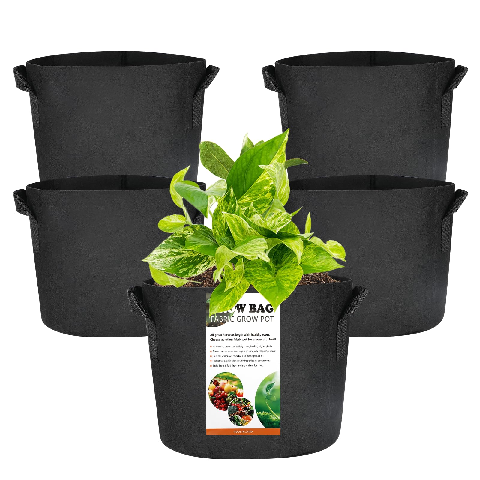 Planta Crecer Bolsas, Huerto Urbano Terraza, Bolsa de Cultivo de Tela No Tejida con Asas Fuertes,para Patatas, Tomates, Fresas y más(5 Piezas，Negro, 3 Galones)