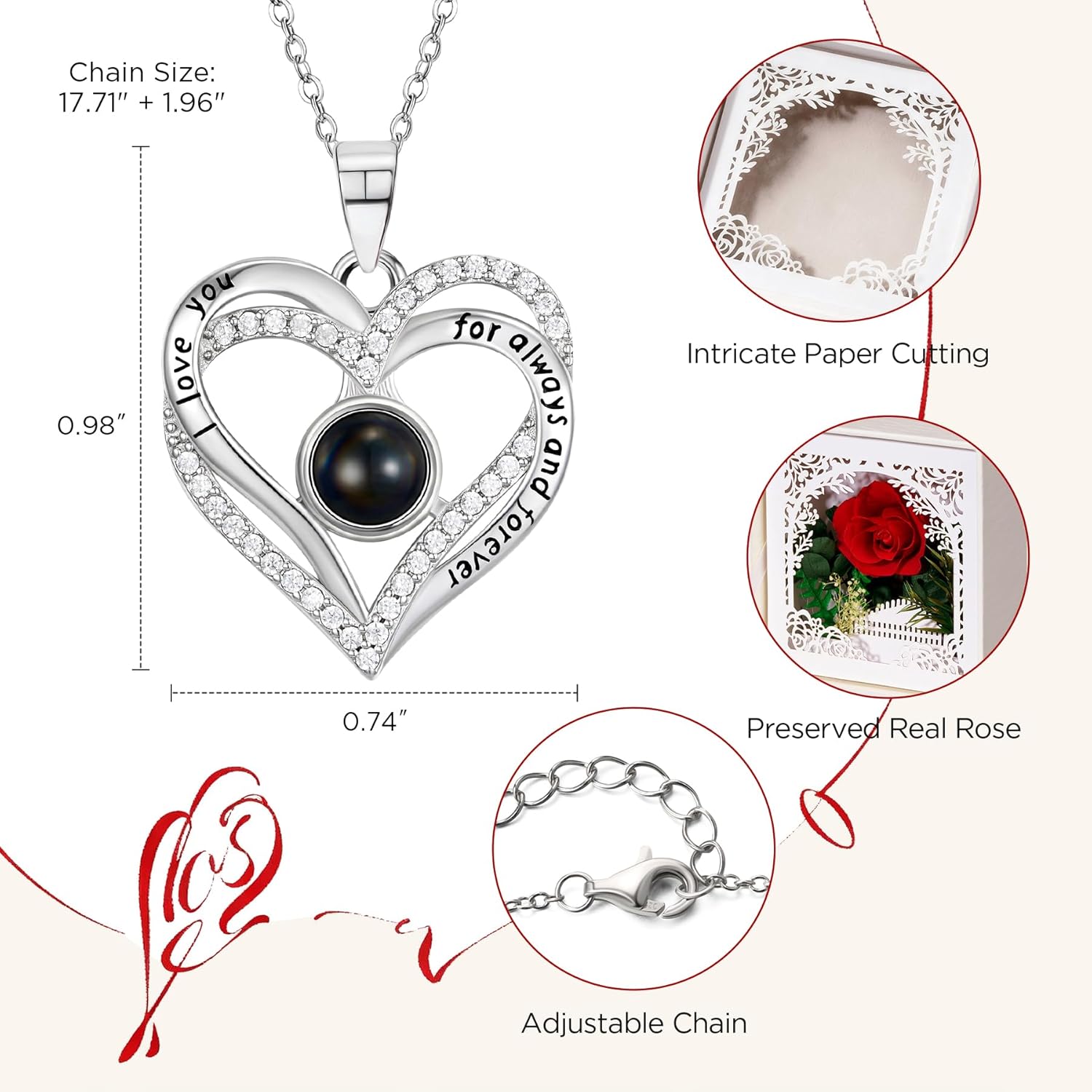 NORBU Preserved Real Red Rose with Infinity Heart Projection Necklace, Eternal Flowers Rose Valentines Day Gifts for Her Wife Girlfriend Women Mom Grandma on Mothers Day Anniversary Birthday Christmas Romantic