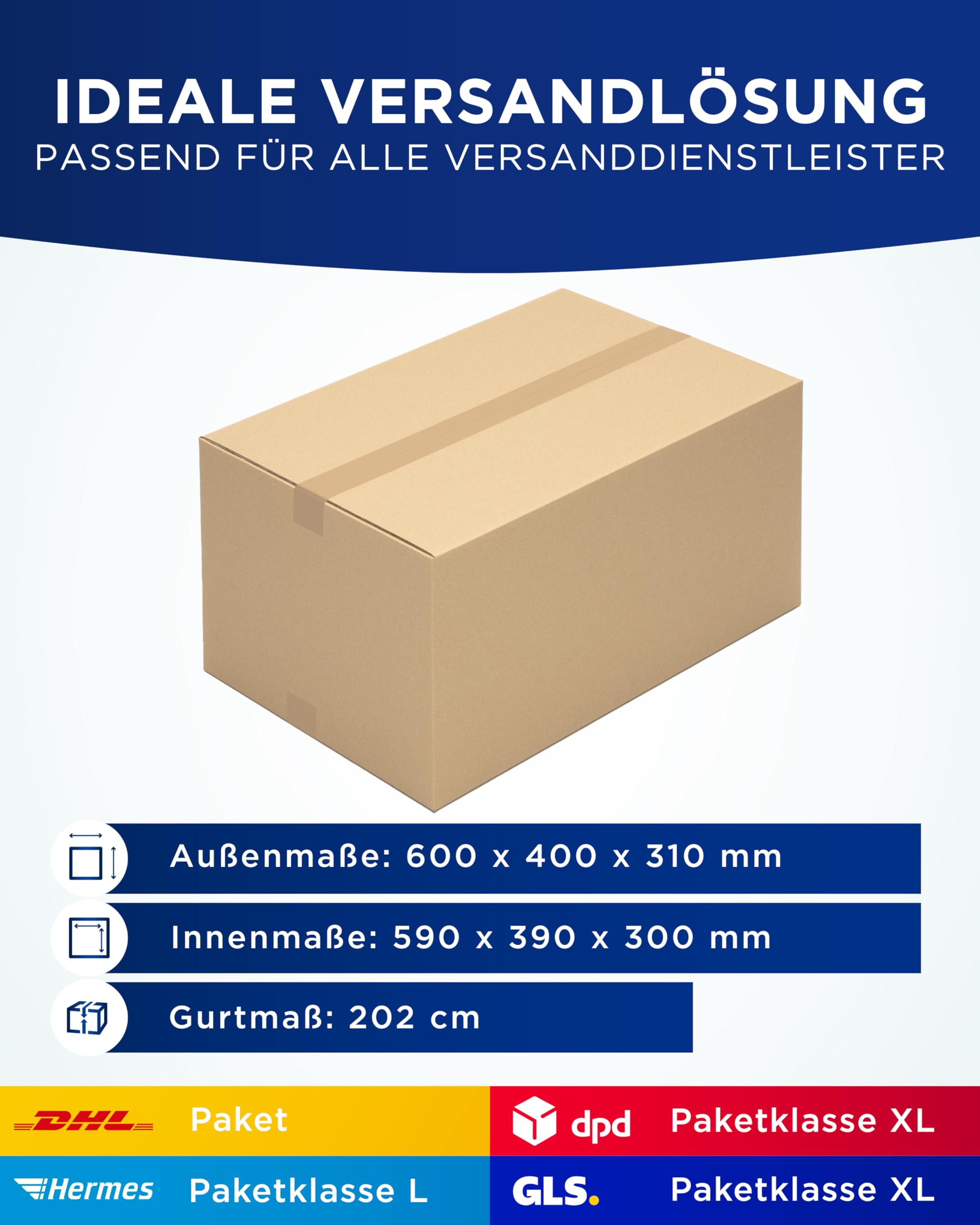 KK Verpackungen Versandkartons 600 x 400 x 310 mm Braun 2-wellig (Innenmaß 590 x 390 x 300 mm) | 30 Stück, Faltkartons Kartons für Versand als DHL Paket Hermes Paketklasse L DPD GLS Paketklasse XL